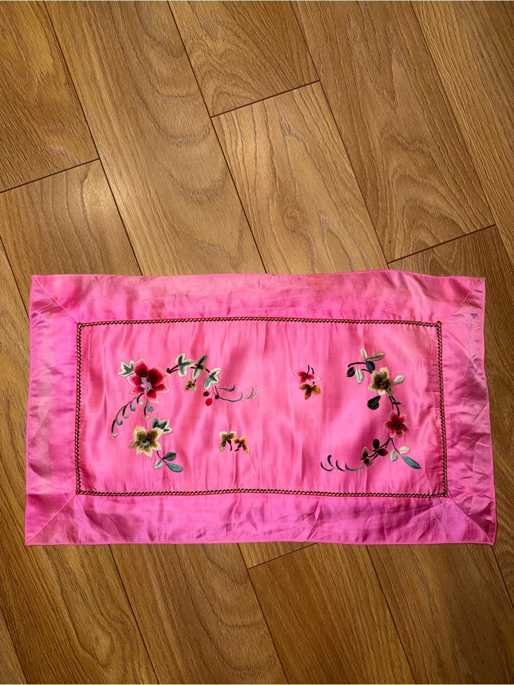 Pink Floral Embroidered Silk Pillow Case